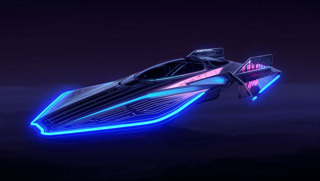 Neon-Lit Futuristic Hovercraft Hovering Above Night Hills, Tinted Cockpit, Glowing Trim