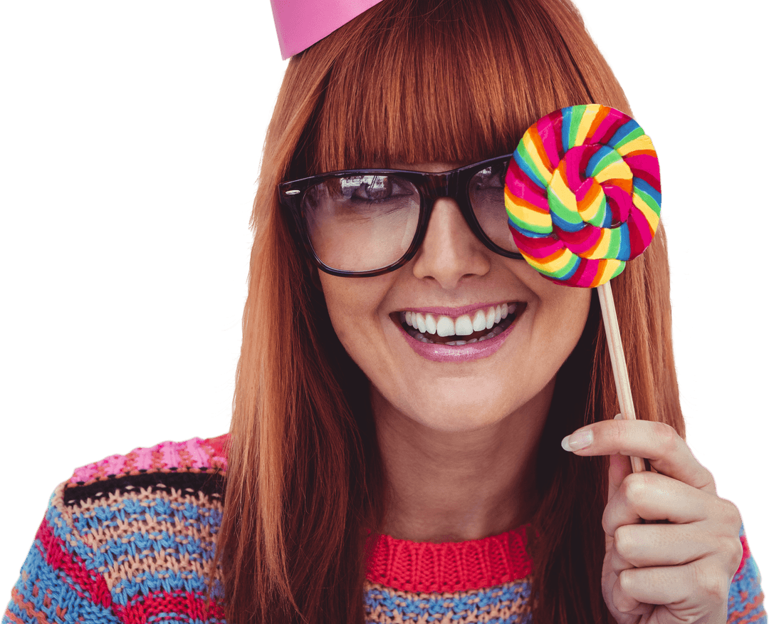 Fun Transparent Celebration Hipster Smiling Young Woman with Rainbow Lollipop