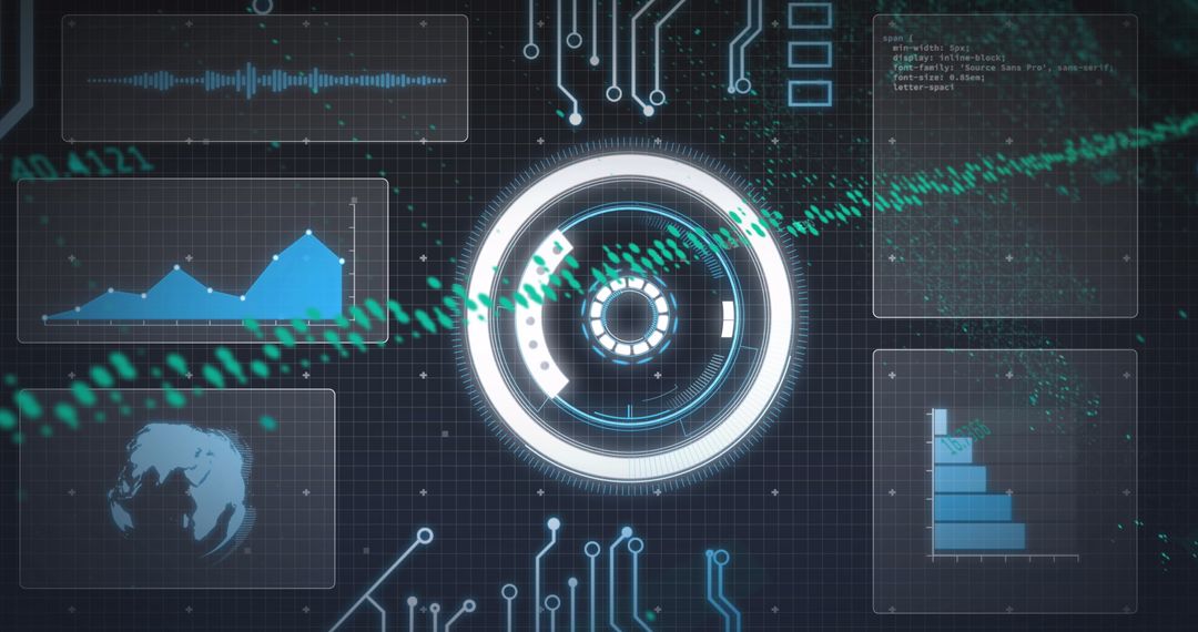 Futuristic Digital Interface with Data Visualization and Diagrams