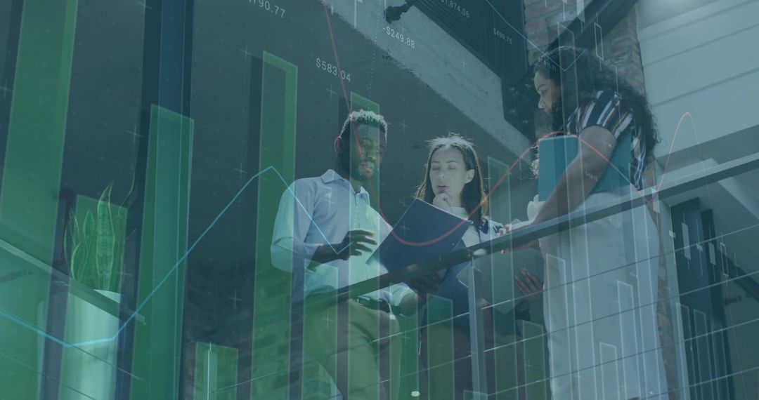 Professionals Collaborating with Modern Virtual Data Charts Overlay