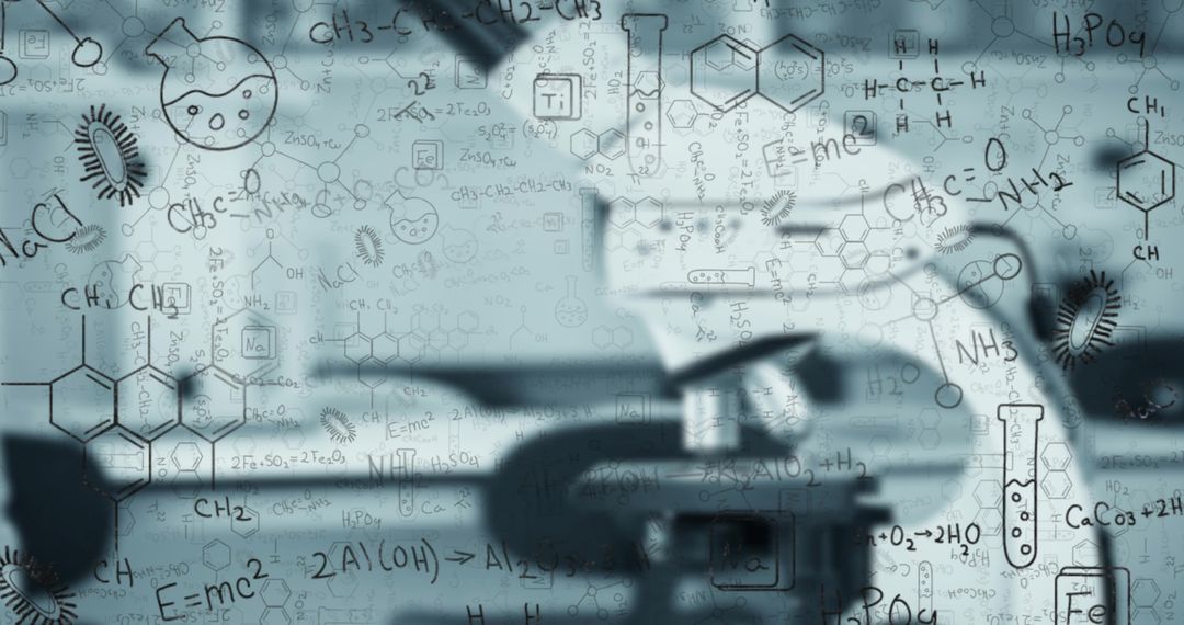 Researcher Pipetting in Laboratory with Chemistry Formulas Overlay