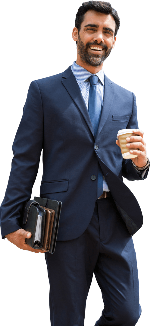 Transparent Smiling Businessman Holding Coffee Cup Notebook