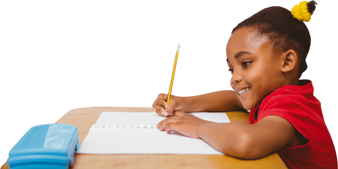 Smiling Schoolgirl Writing and Learning on Transparent Background