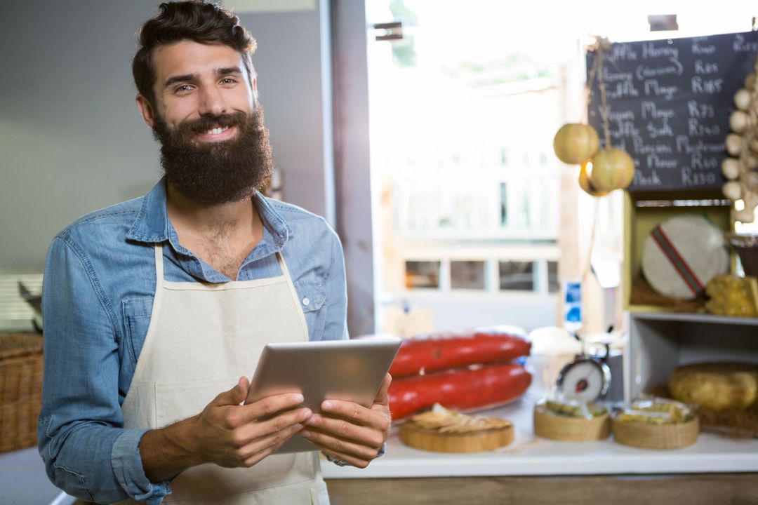 Smiling Shopkeeper Holding Tablet in Artisan Deli Shop
