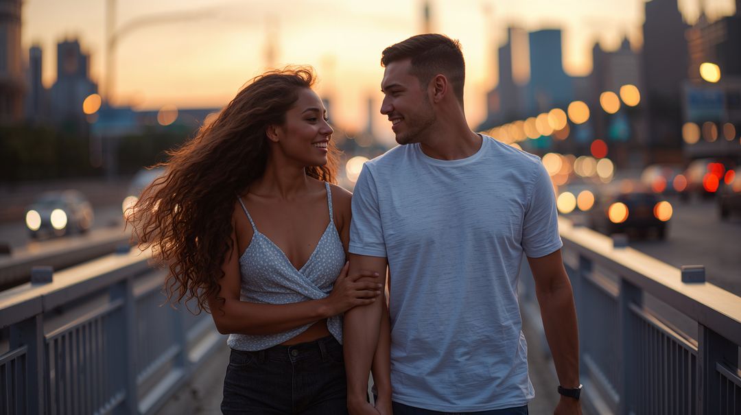 Couple Walking on City Bridge at Sunset Sharing Smile and Connection