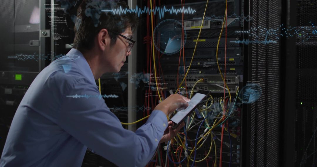 IT Technician Using Tablet in Data Center Managing Network Rack Cables