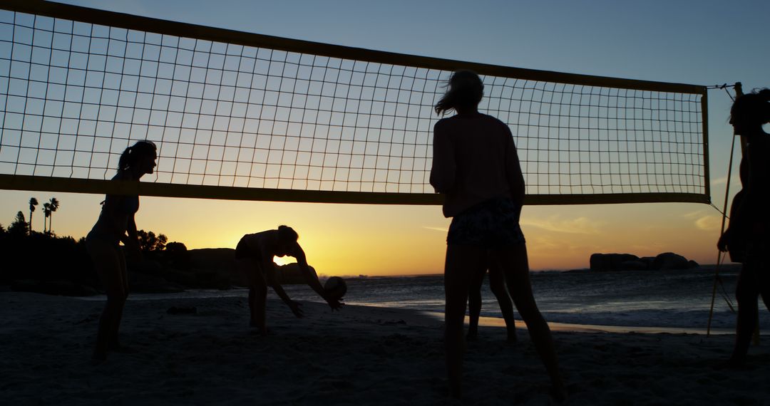 Silhouetted Group Playing Beach Volleyball at Sunset - Free Images, Stock Photos and Pictures on Pikwizard.com