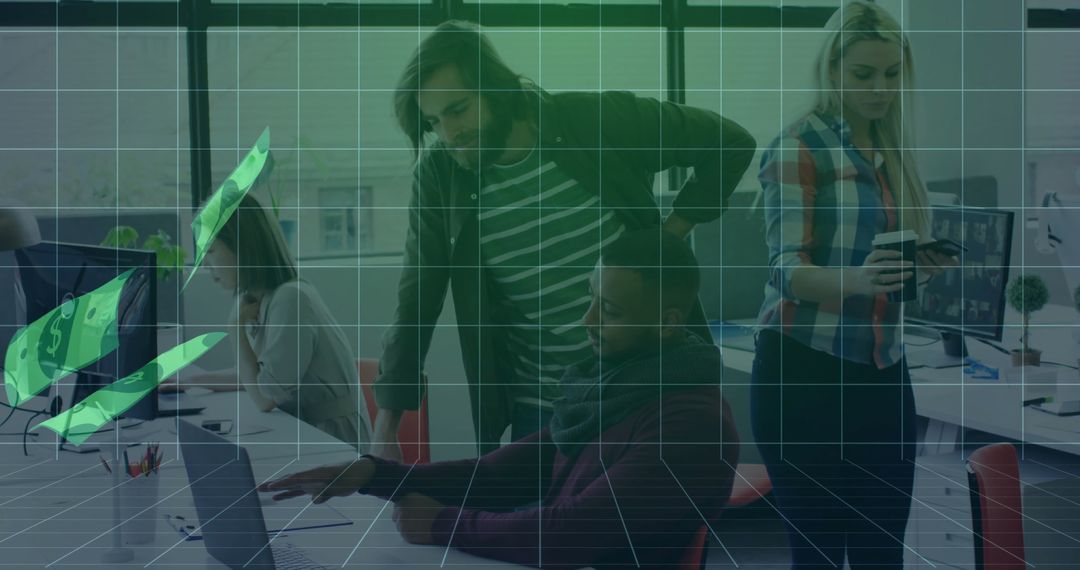 Team Collaborates in Modern Office with Digital Financial Graph Overlay