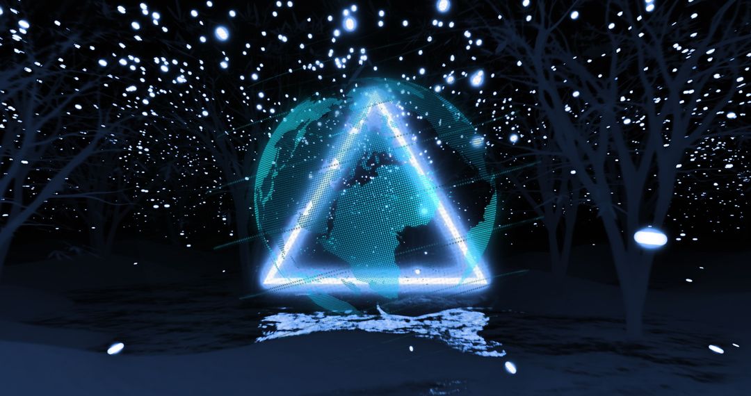 Glowing Digital Triangle with Futuristic Earth in Night Forest