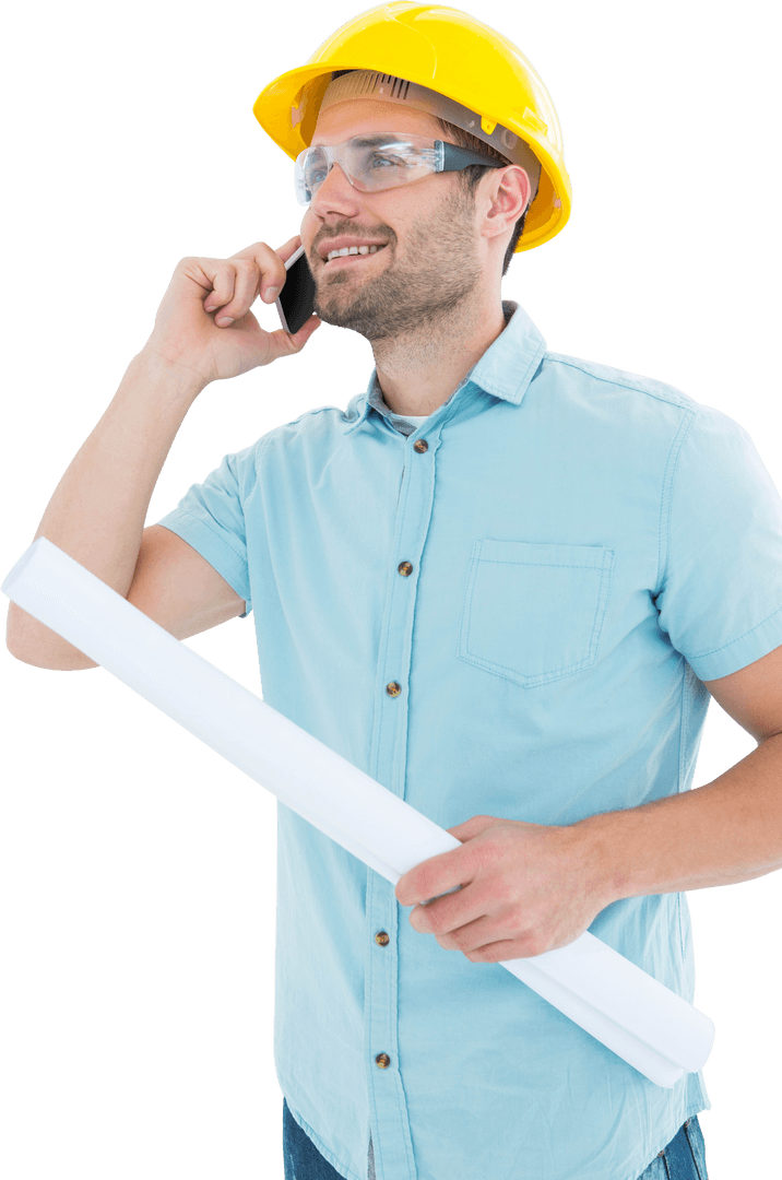 Transparent Architect Discussing Plans via Mobile with Protective Gear