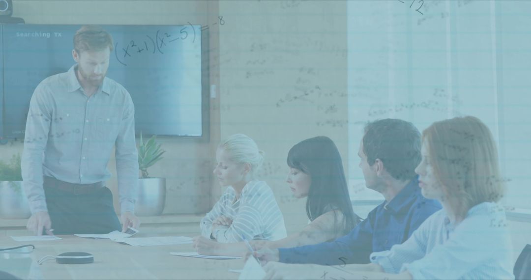 Presenter Distributing Documents in Meeting Room Blueprint Effect