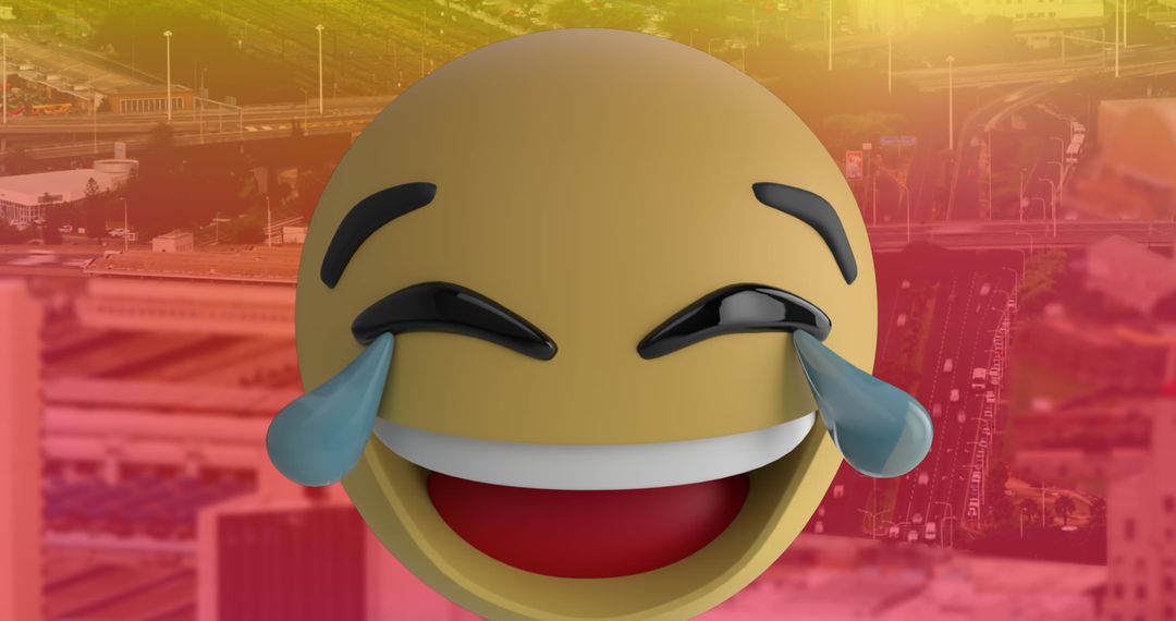 Laughing Emoji with Tears Over Cityscape Background