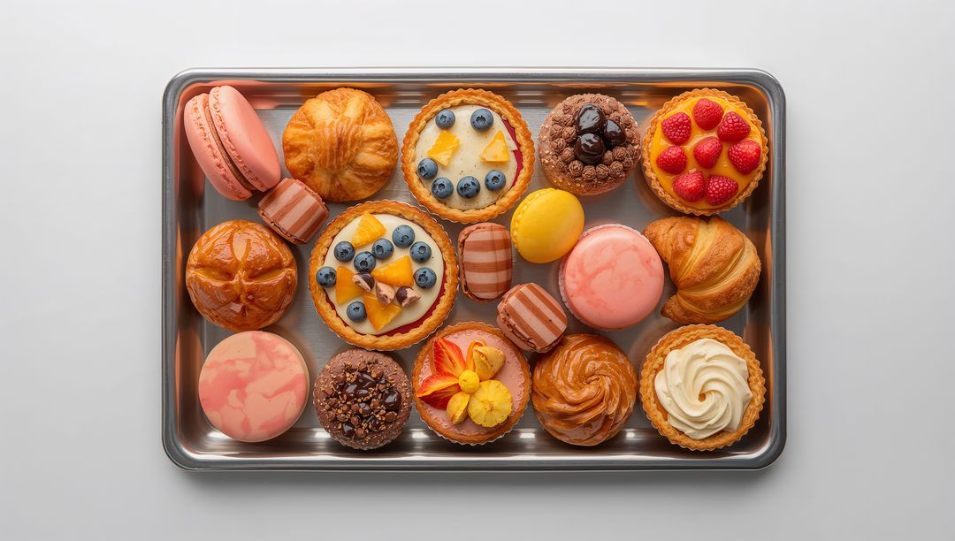 Assorted Pastries on Steel Tray Flatlay: Colorful Fruit Tarts, Macarons, Croissants