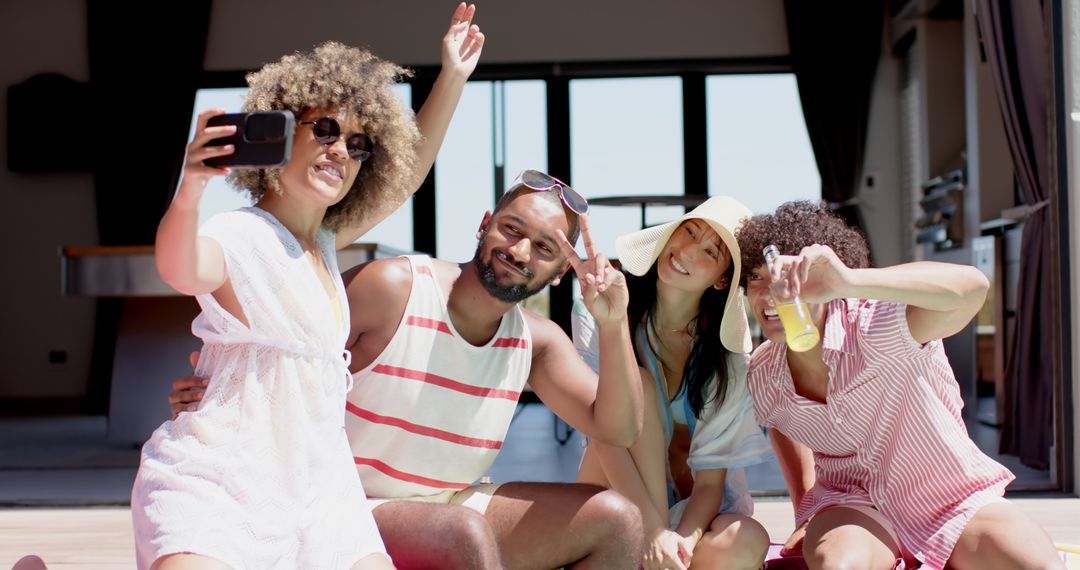 Diverse Group of Friends Taking Selfie, Enjoying Summer Fun