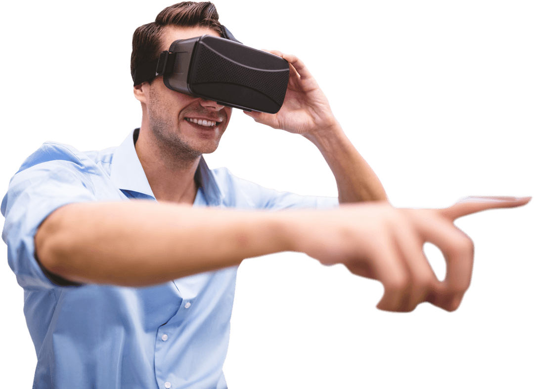 Smiling Businessman Engaged with VR Headset on Transparent Background