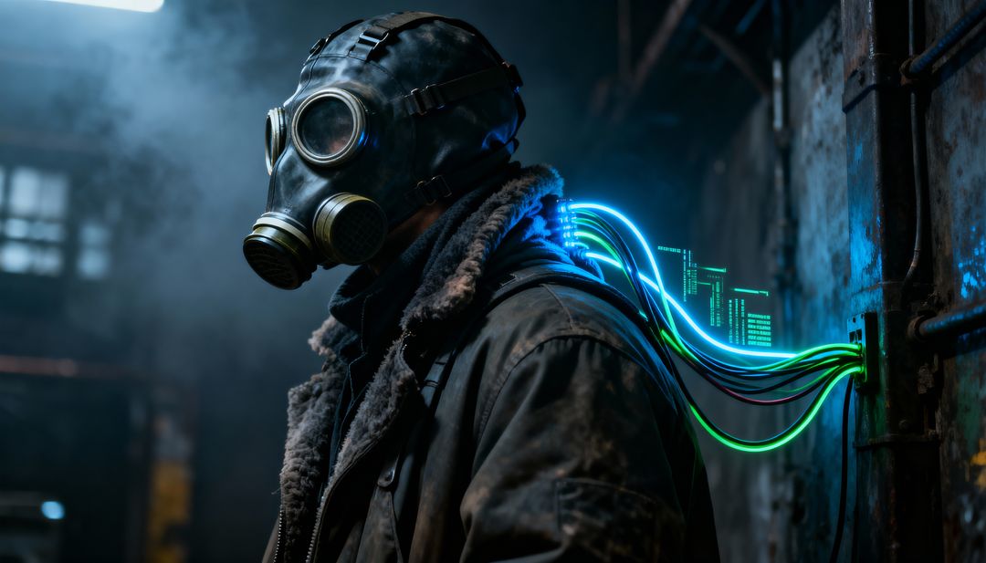 Gas-Masked Figure Standing Connecting Neon Data Cables to Rusty Wall in Cyberpunk Mill