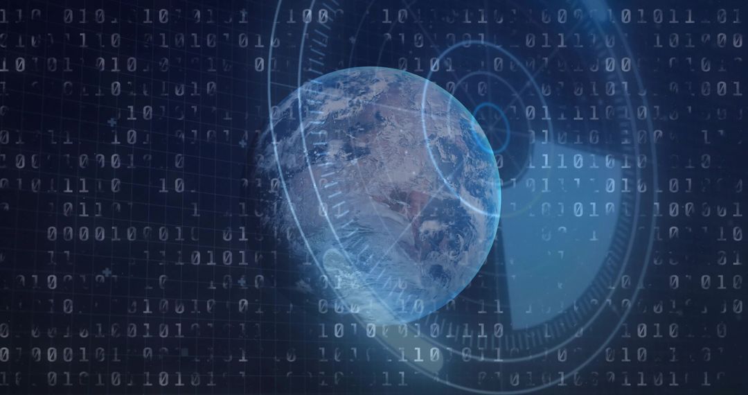 Global Digital Earth Rotating in Binary Network with Futuristic HUD Rings and Data Streams