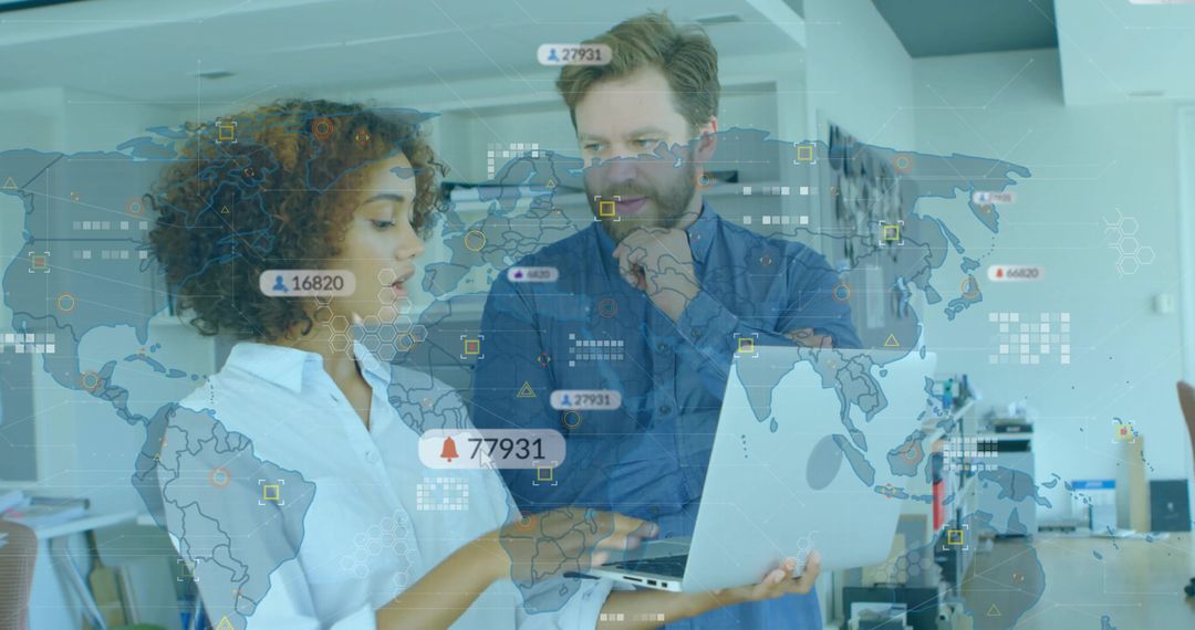 Colleagues Analyzing Data with Digital World Map Overlay