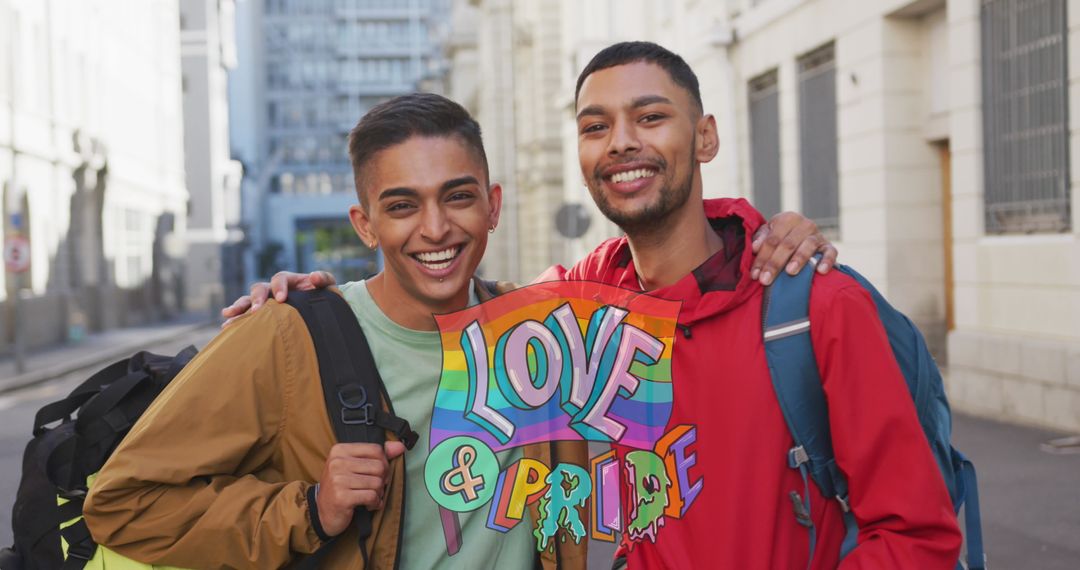 Joyful LGBTQ+ Couple Embracing with Love and Pride Sign