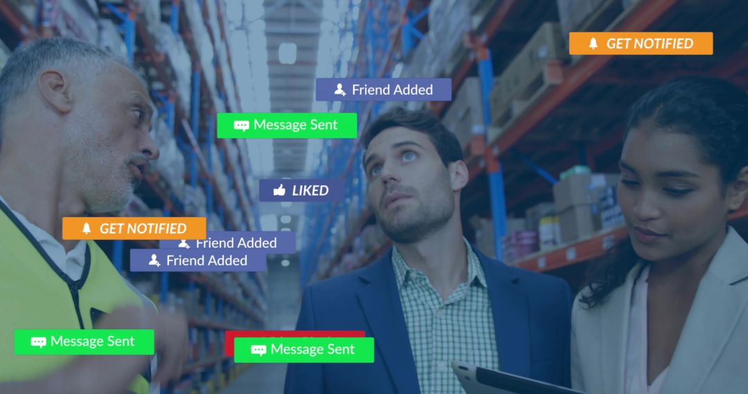 Warehouse team discussing inventory with digital notifications overlaying logistics aisle