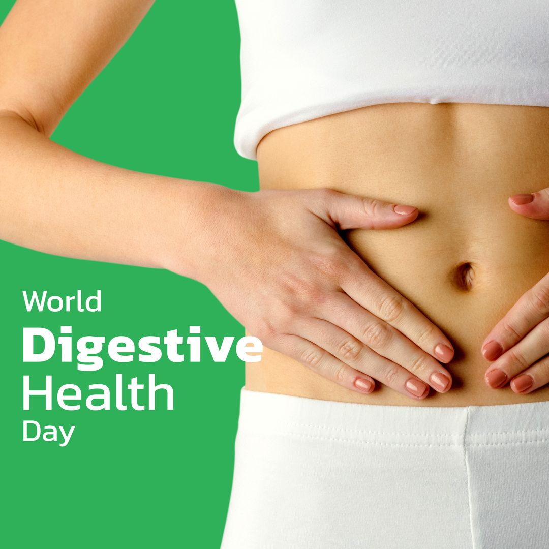 World Digestive Health Day Concept with Woman Touching stomach