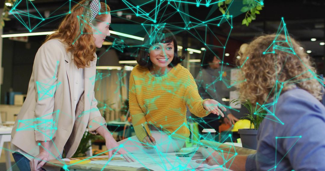 Team Collaborating with Holographic Network in Modern Workspace