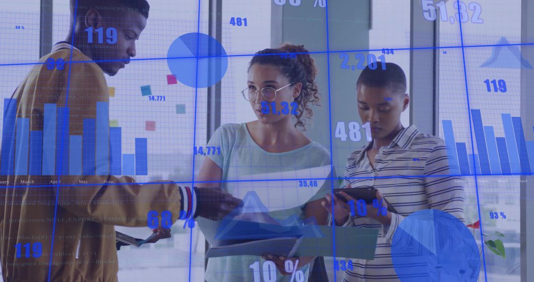 Business Team Analyzing Data Charts on Transparent Board