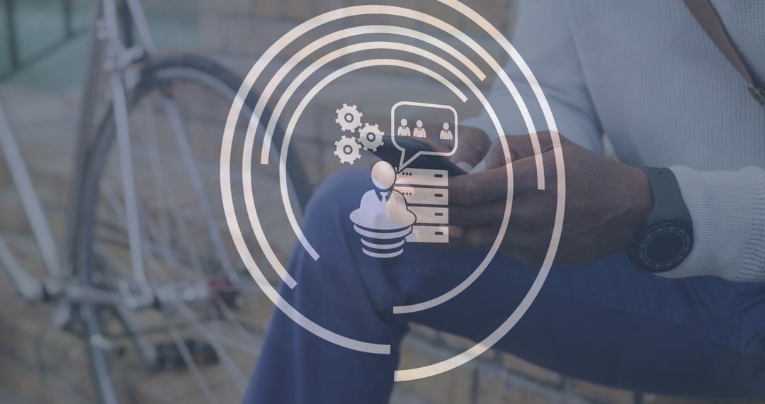 Digital Icons Over Man Using Smartphone in Urban Setting