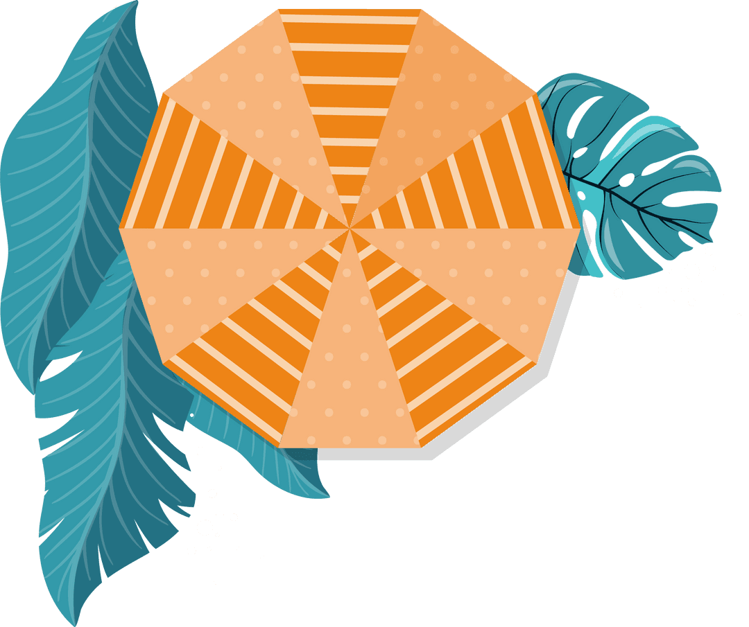Transparent Orange Beach Umbrella with Teal Tropical Leaves