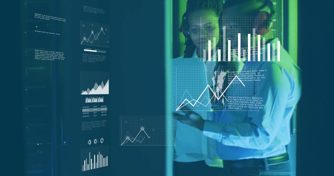Digital Interface Displaying Charts in Server Room