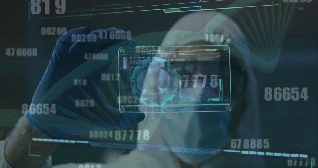 Scientist Researching COVID-19 Cell with Digital Interface