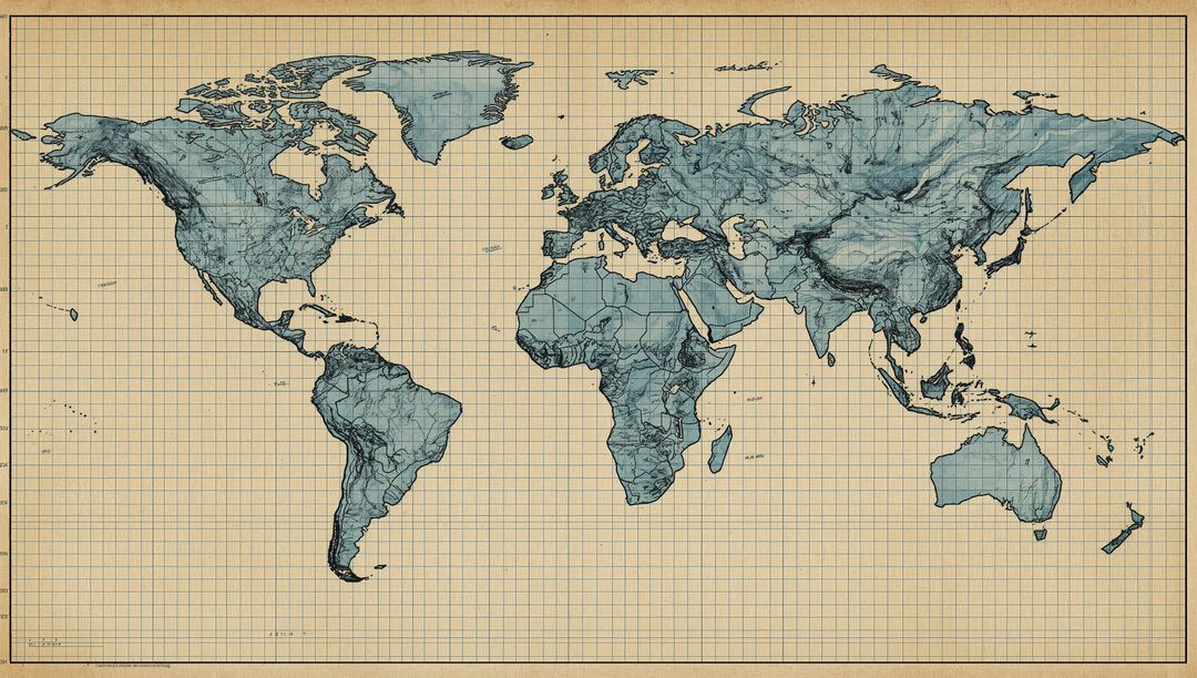 Vintage Topographic World Map on Gridded Background with Contour Lines