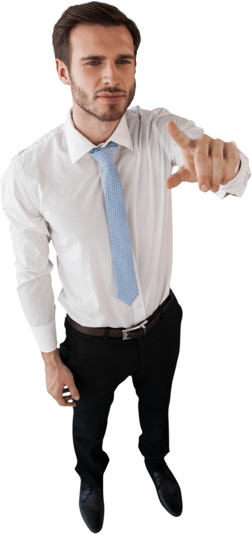 Young Businessman Touching Invisible Transparent Interface Isolated