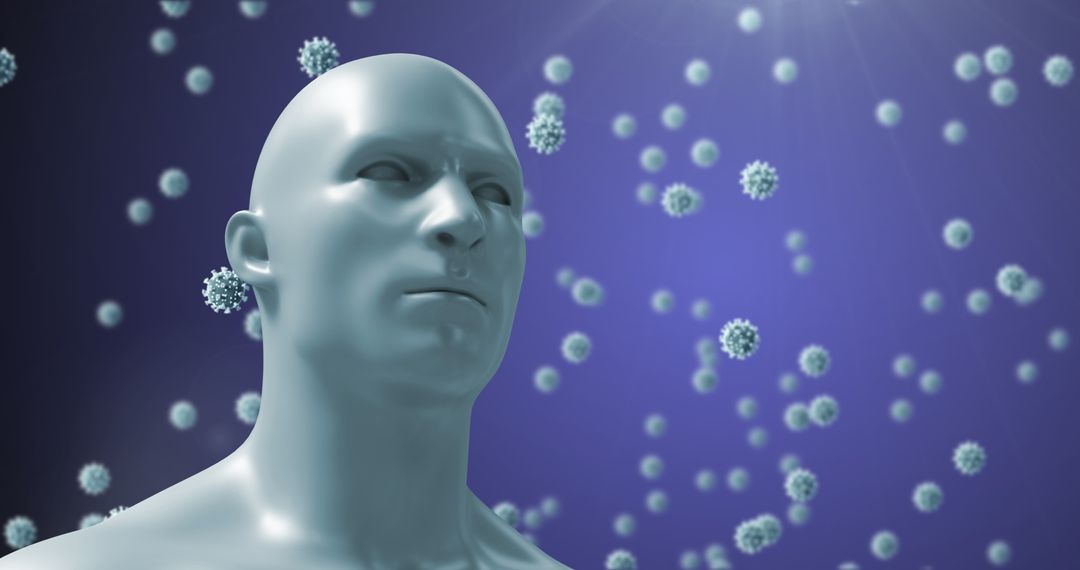 Futuristic Human Figure Around Floating Virus Cells Background