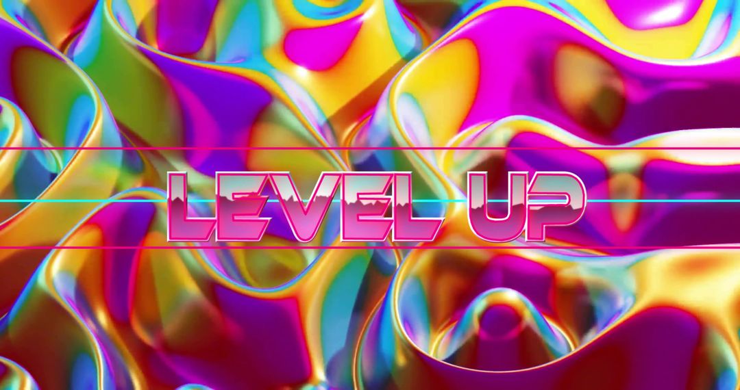Floating LEVEL UP glowing neon holographic text over iridescent metallic waves, synthwave design