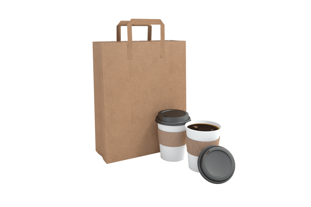 Paper Carry Bag with Takeaway Coffee Cups on Transparent Background