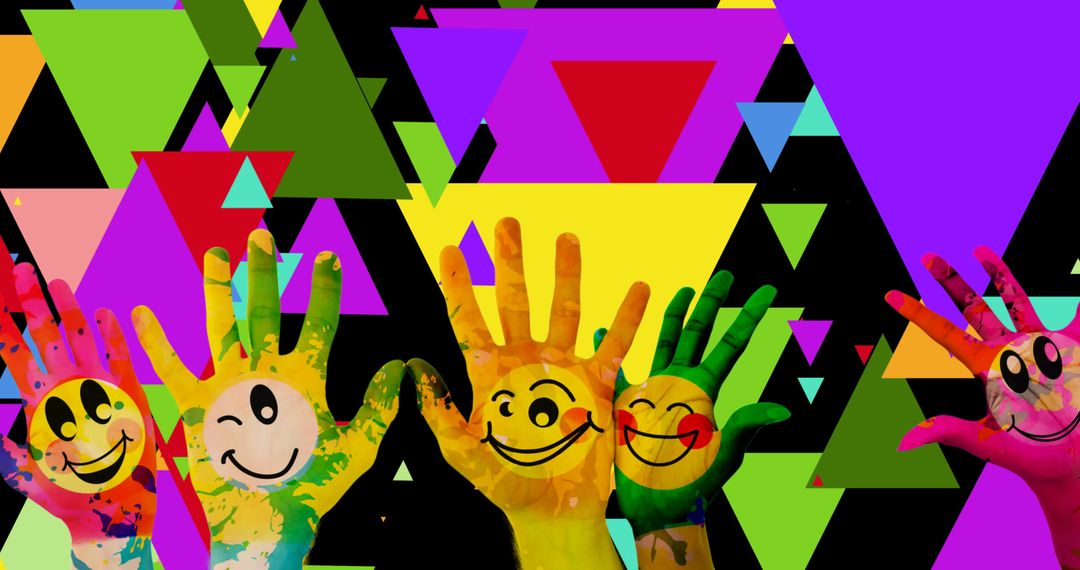 Colorful Painted Hands with Smiley Faces and Geometric Shapes