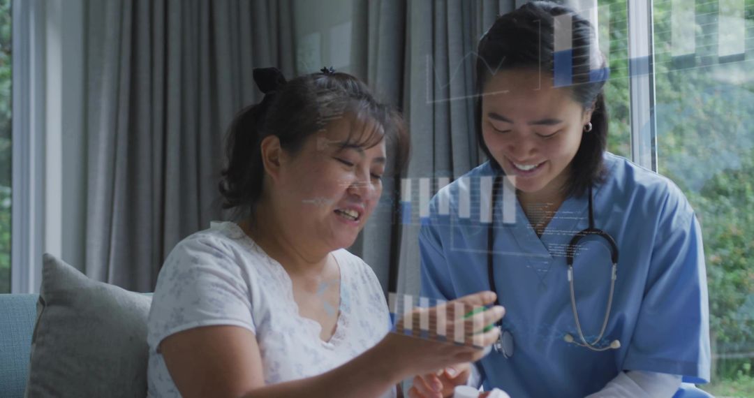 Nurse Assisting Patient with Medication Management at Home on Sofa, Caring Support