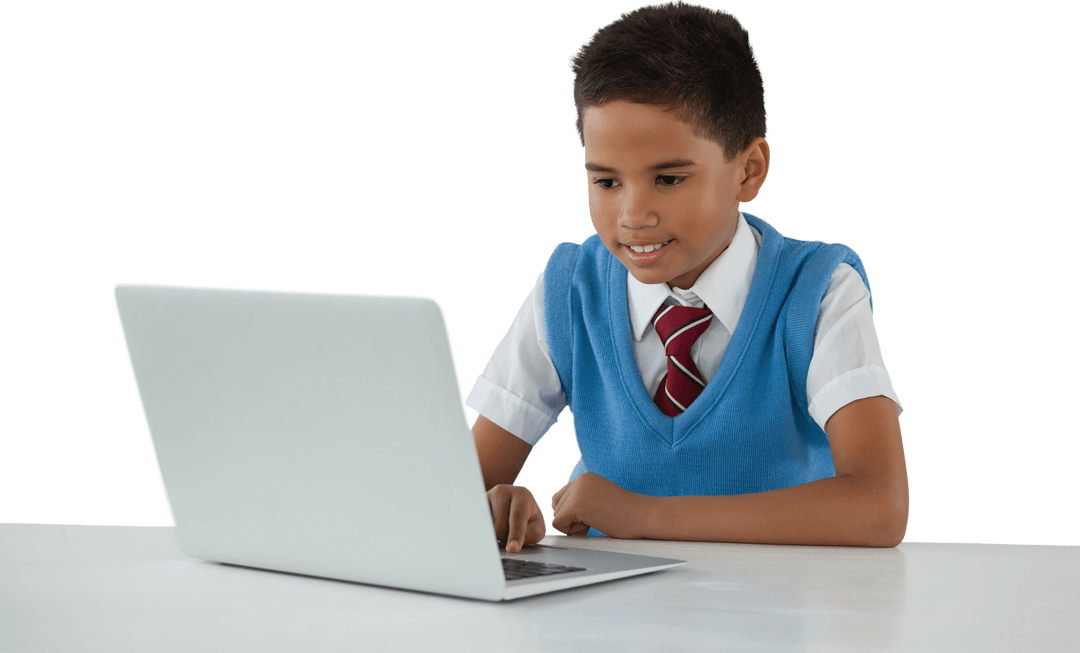 Engaged Schoolboy Using Laptop While Sitting at Desk with Transparent Background