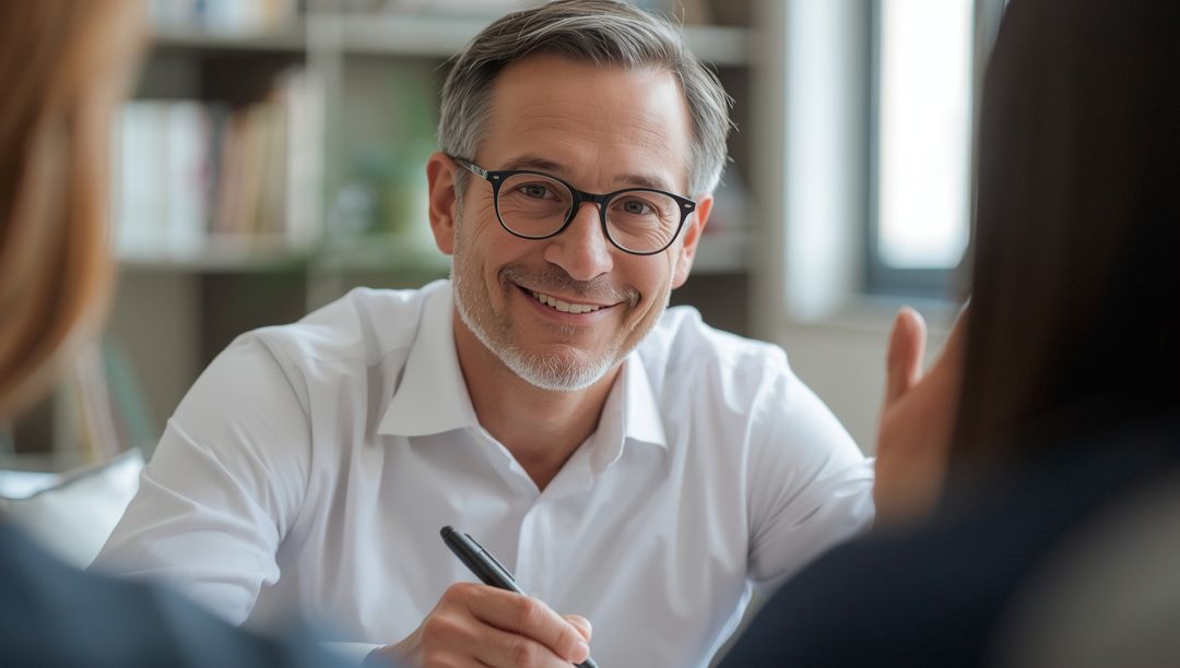 Smiling Consultant Engaging in Meeting at Modern Workspace