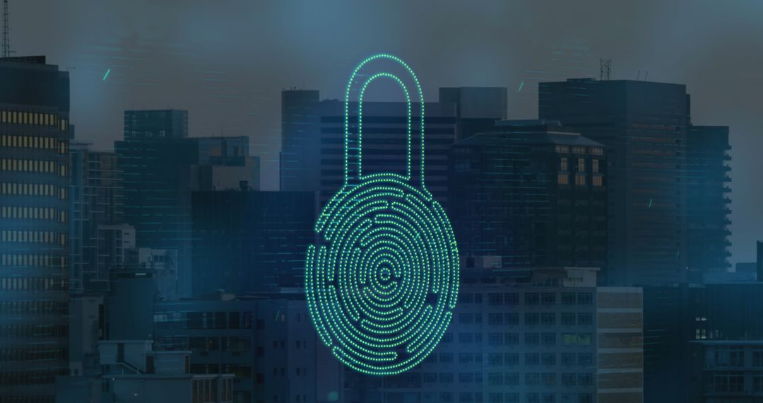 Digital Security Concept with Fingerprint Lock Overlaying Cityscape