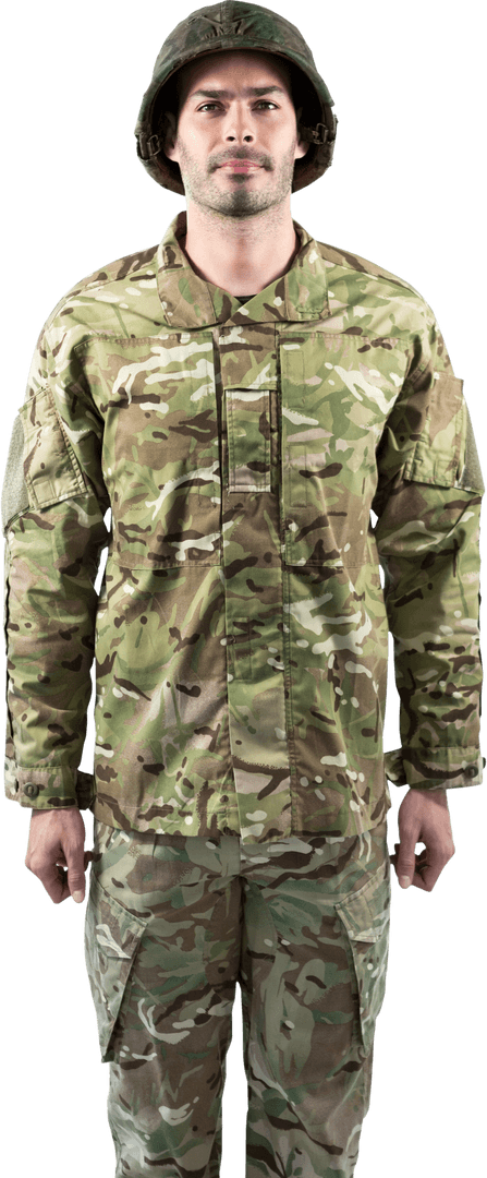 Transparent Portrait of Serious Soldier in Camo Uniform