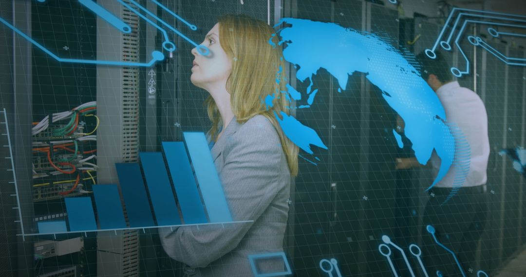 IT Professionals Managing Data Servers with Digital Overlay