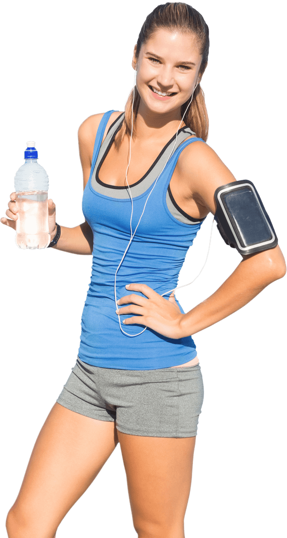 Transparent Background Happy Woman Runner with Earphones Hydrated