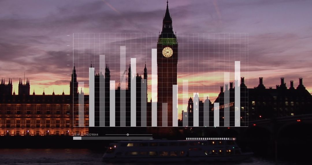 Financial Data Overlay on London Skyline at Sunset