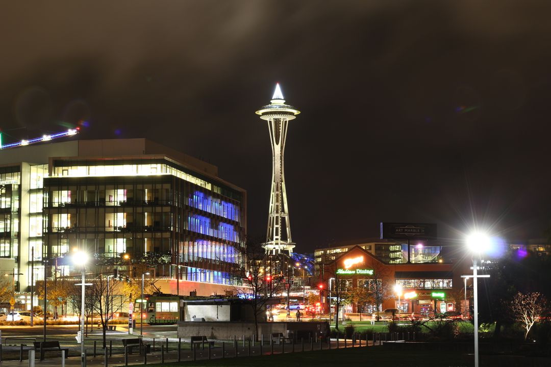 Seattle Night Skyline with Space Needle Illuminated - Free Images, Stock Photos and Pictures on Pikwizard.com