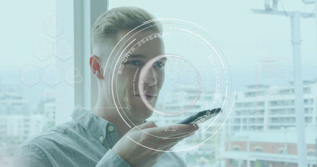 Young Professional Using Smartphone with Digital Interface Overlay