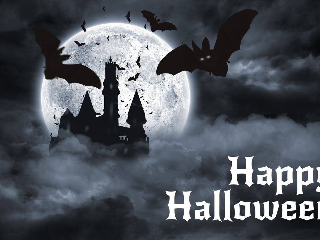 Spooky Halloween Scene with Bats, Full Moon, and Haunted Castle