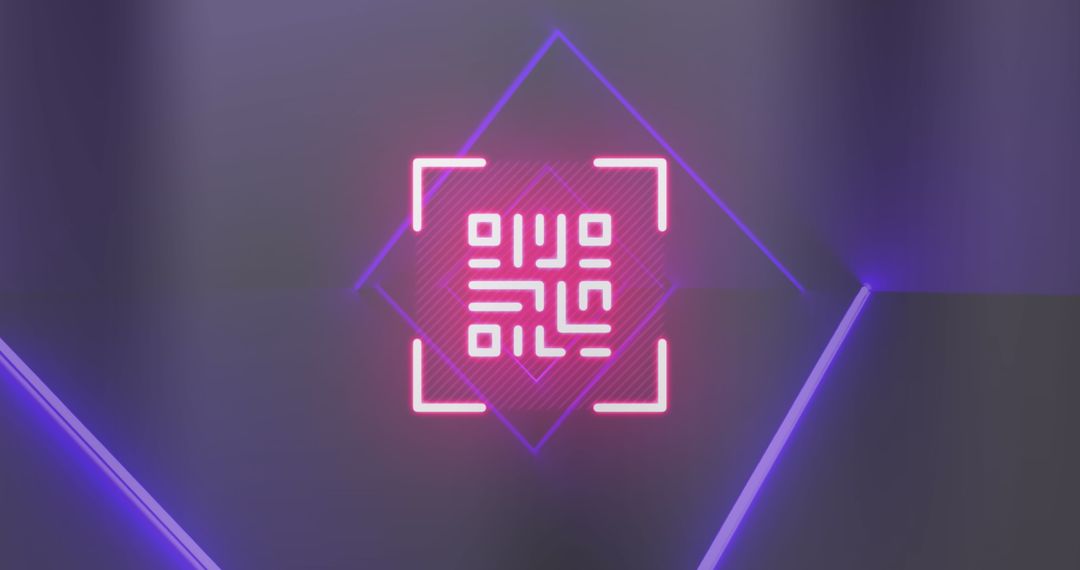 Neon QR Code with Light Trails on Digital Blue Background