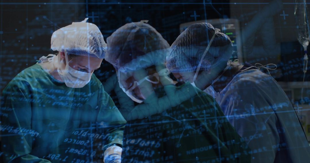 Surgical Team Performing Operation with Digital Data Overlay Highlighting Medical Technology